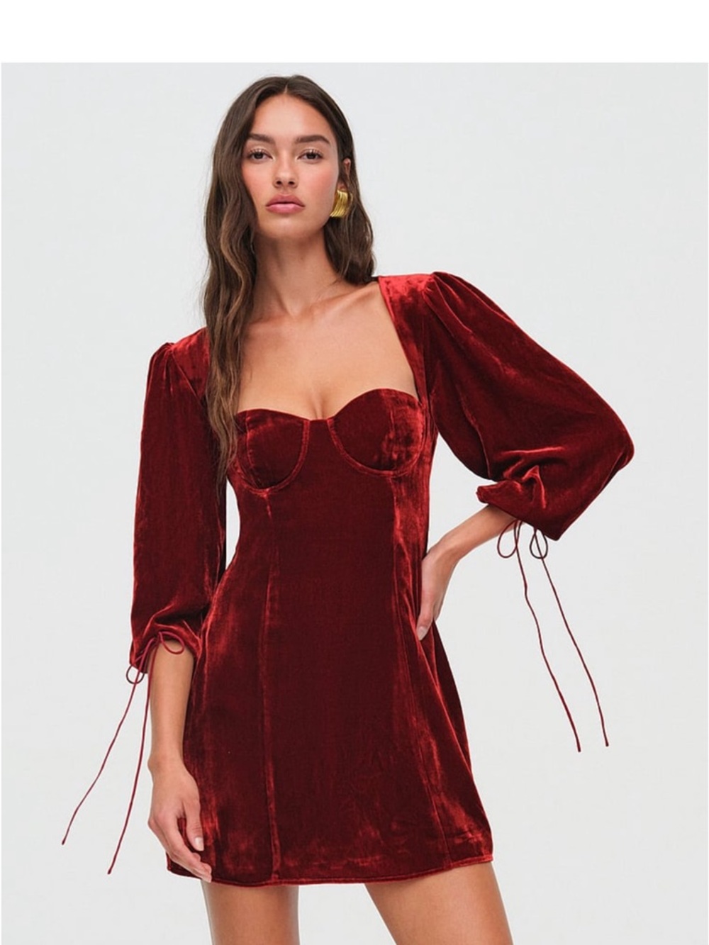 For Love & Lemons Burgundy Velvet Mini Dress with Puff Sleeves
